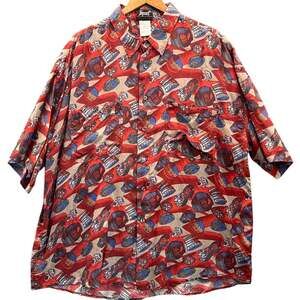 Impact Vintage Red Tribal Silk Short Sleeve Button Down Shirt Men XL